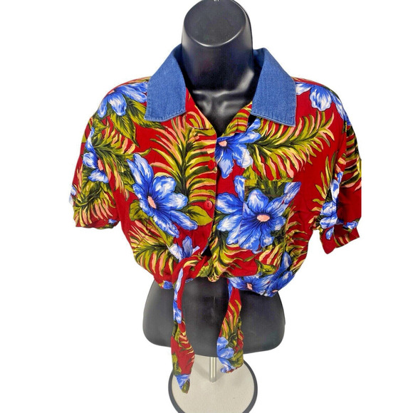 Hawaiian Crop Top Tie Front Button Tropical Cruise Beach M Red Boho Vintage - Picture 2 of 11